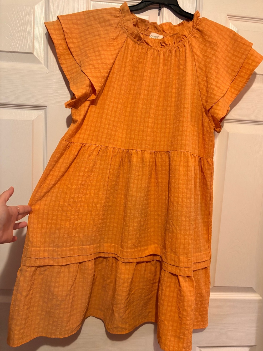 Ruffle-Neck Tiered Casual Dress in Orange